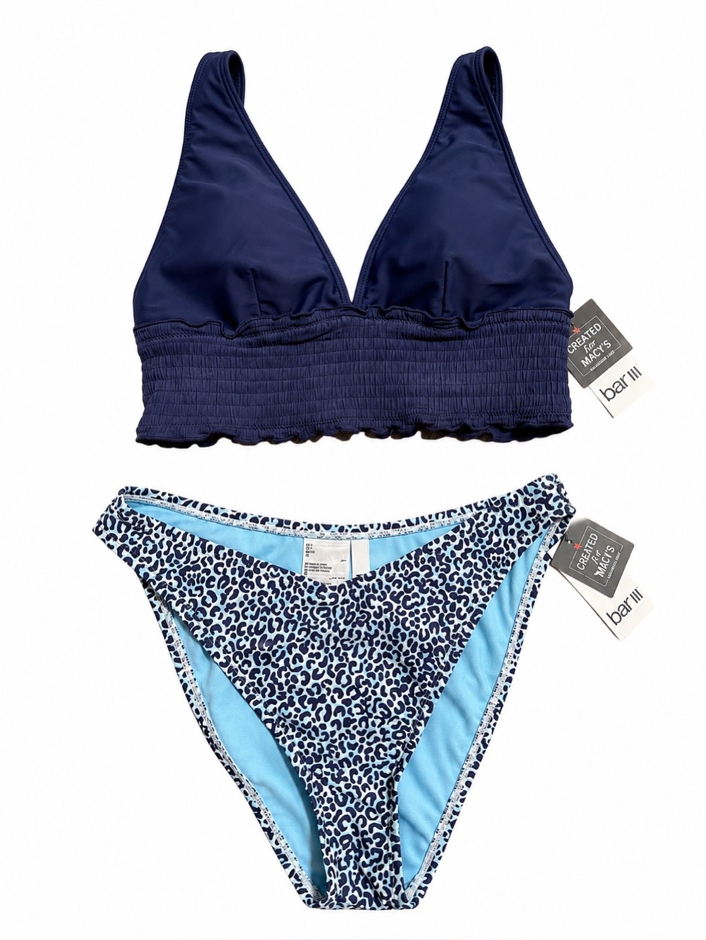 Bar III Navy Smocked Bralette Bikini Top & Cheetah Print Bottoms |S| NWT